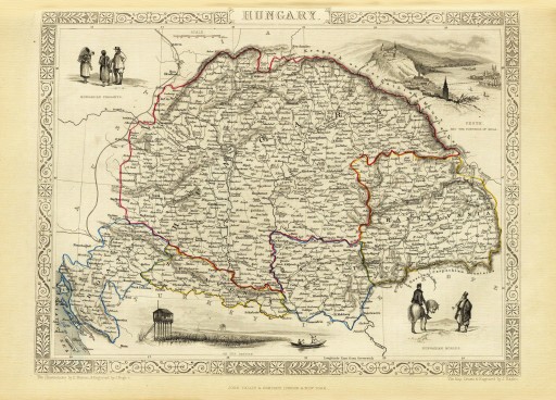 WĘGRY Budapeszt mapa ilustrowana 1851 r. płótno