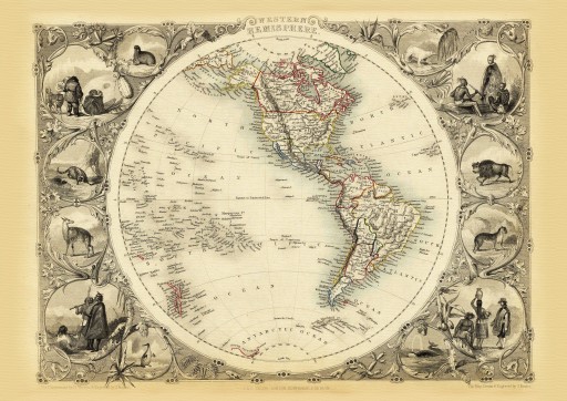 PÓŁKULA ZACHODNIA mapa ilustrowana Tallis 1851 r.