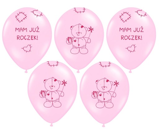 Balony na roczek MIŚ MAM JUŻ ROCZEK 5szt Różowe