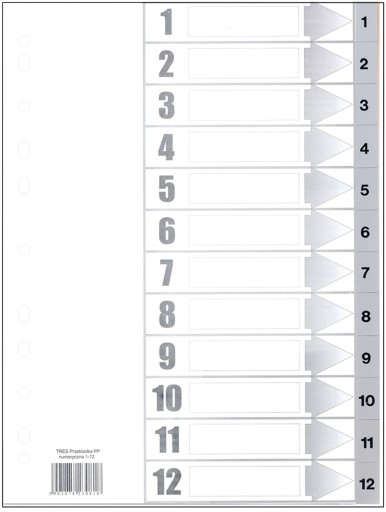 PRZEKŁADKI do SEGREGATORA PP A4 1-12 NUMERYCZNE szare