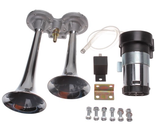 KLAKSON DWUTONOWY CHROM METAL 2 TUBY SPRĘŻARKA 12V